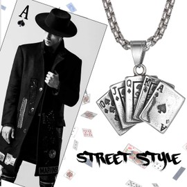 Flongo Men's Leather Bracelet, Men's Chain, Men's Pendant Necklace with Ace of Spades Playing Card, Royal Flush Poker Cards, Black / Brown, Stainless Steel