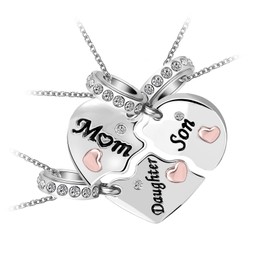 KunBead Jewelry 18 inch Mother Daughter Son Puzzle Love Rose Gold Tone Heart Crystal Charm Pendant Matching Necklaces set for 3 Gifts for Mum