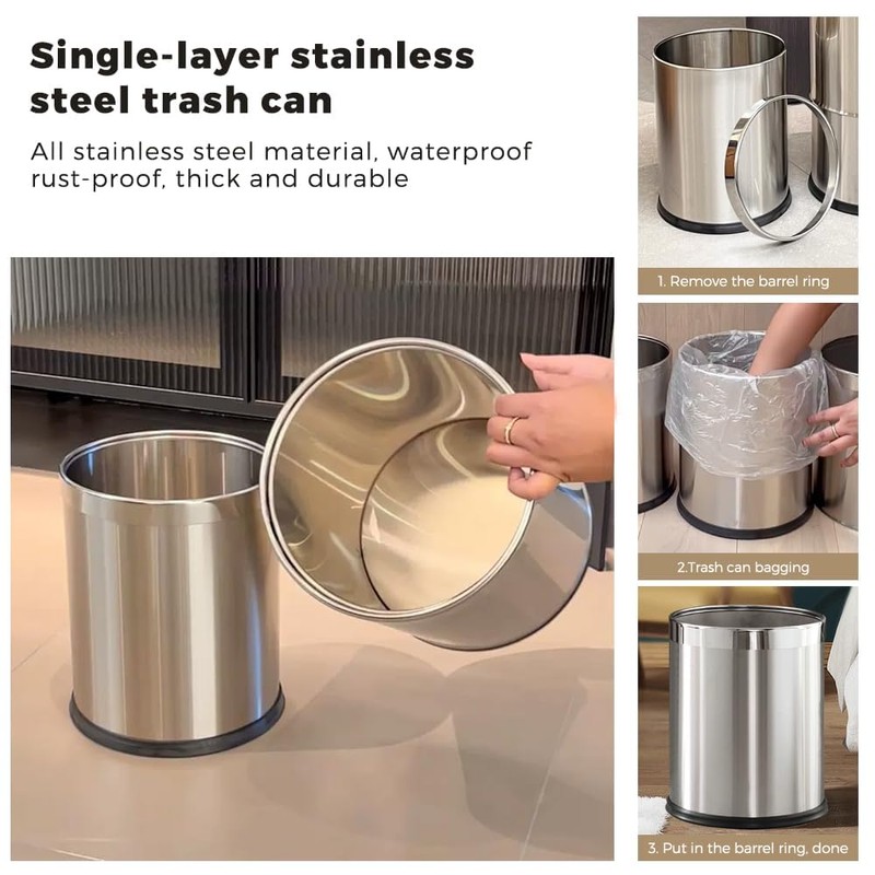 LEASYLIFE 2.6Gallon/10L，Stainless Steel Bathroom Trash Can,Chrome Trash Can,Silver Garbage Can