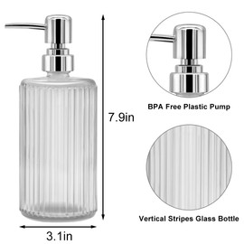 Glass Soap Dispenser - 17oz Ribbed Clear Glass Bottle with 304 Stainless Steel Pump, Refillable Soap Dispenser for Hand Dish Lotion Shampoo Conditioner for Kitchen Bathroom Countertop (Transparent)