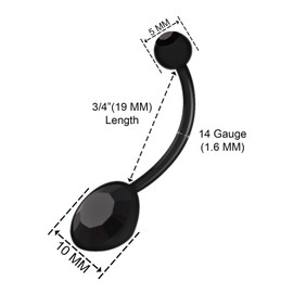 KJM FASHION Black Flexible Bioflex Pregnancy Belly Button Rings 14g 19mm Black Jet Crystals Long Length Barbell Belly Ring Jewellery 1214