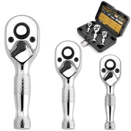 KOOPOOL 3PCS Stubby Ratchet Set, 1/4", 3/8", 1/2" Drive, 72-Tooth Ratchet Wrench Set with CR-MO Head, Quick-Release & Reversible Design, Full Polished, Compact Storage Case