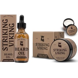 Striking Viking Beard Oil Conditioner 2oz & Beard Butter 4oz Sandalwood Scent - Keeps your Beard Hydrated & Refreshing