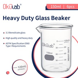 Okulab Heavy Duty Glass Beaker Set, Thick-Walled 3.3 Borosilicate Glass Beakers, with Double Scale Printed Graduation, 6pcs of Vol.150ml, HBKG150A6