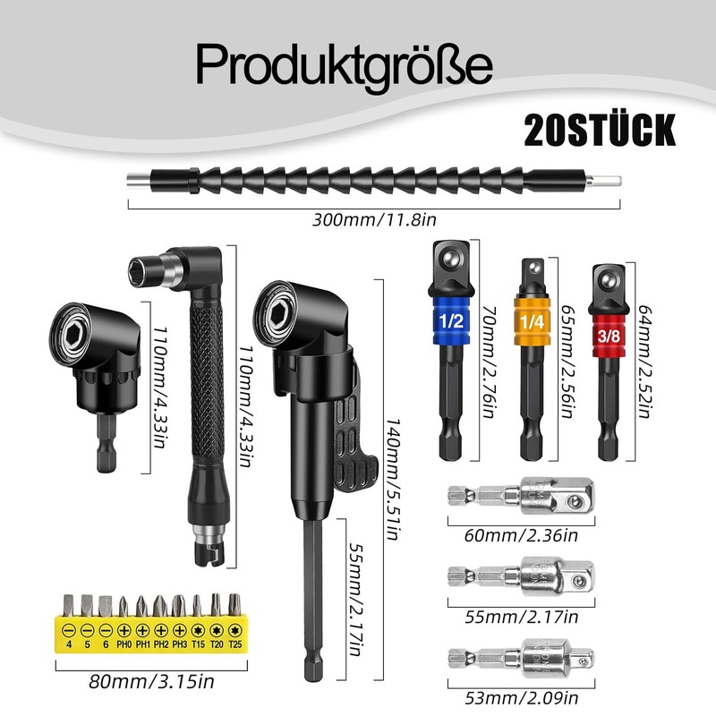 Set of 20 105° Angle Screwdriver Attachment Set, Angle Drill