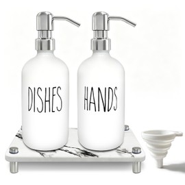 Bathroom Soap Dispenser Set with Tray, Glass Hand Soap Dispenser with Stainless Steel Pump, Non Slip Vanity Counter Organizer, Refillable Lotion Dispenser for Bathroom Sink Accessories, Silver & White