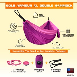 Gold Armour Camping Hammock - XL Double Hammock Portable Hammock Camping Accessories Gear for Outdoor Indoor with Tree Straps, USA Based Brand (Fuchsia and Pink)