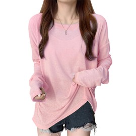 Women's T-shirt, Blouse, Top, Long Sleeves, UPF 50+ Sun Protection, Sheer Design, Body Cover Effects Max, Thin, Layered, UV Protection, Crew Neck, Transparent, Solid Color, Round Collar, Loose,