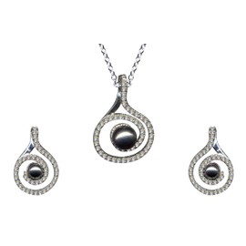 Jewellery Set with Pearls in Art Nouveau Style / Pendant + Chain + Earrings / Real Silver 925 with Zirconia / Stone Colour: Transparent White / Buy Online Jewellery Shop / 55018, Sterling silver 925,