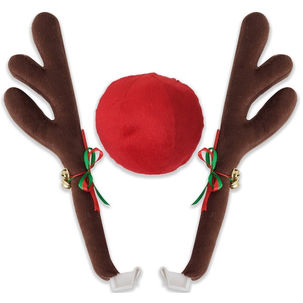 OxGord Car Reindeer Antlers & Nose - Christmas Decorations for Car - Window Roof-Top & Grille Rudolph Reindeer Kit - Auto Holiday Accessories Decoration Kit Best for Car SUV Van Truck