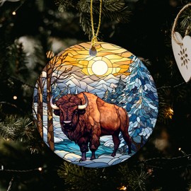Buffalo Christmas Ornament 2025 | Stained Glass Bison Ornament, Wild Animals Christmas Tree Decor, Beautiful Scenic Buffalo, Keepsake, Yellowstone National Park (Bison in Light)