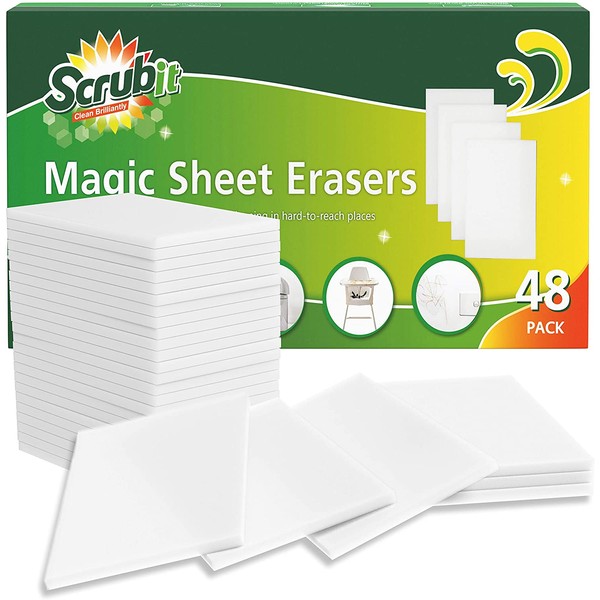 SCRUBIT Eraser Sheets – 48 Pack Disposable Magic Cleaning Sponges - All Purpose Household Cleaner Pads - Kitchen Couch and Bathroom Eraser Wipes- Melamine Foam Sheet for Hard to Reach Spaces