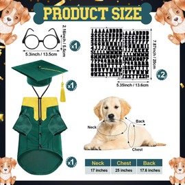 Huhumy 5 Pcs Dog Graduation Costume Set Include 2025 Pet Graduation Gown with Stole Puppy Grad Cap Lensless Glasses DIY Letter Stickers for Dogs Cats Holiday Costume Accessory(Green Yellow,L)