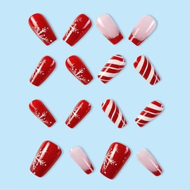 NAILS fake court mouyouglow, ballerine Rosso French Snowflake Canna da zucchero Natale Press on NAILS con glue, red Christmas acryl fake nails