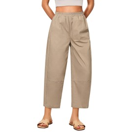 GRAPENT Woman Pants High Waisted Pants for Women Casual 2025 Women Summer Pants Barrel Leg Ladies Pants Cotton Trouser Pants for Women Ladies Pants Pull On Slacks Color Tan Medium Size 8 to 10