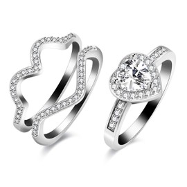 Uloveido White Gold Plated Anniversary Ring Enhancer for Women Wedding Engagement 2 Silver Color Heart Rings Set with CZ Crystals Size6 Y478-Y036
