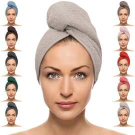 FAB-ON UK Hair Dry Towel 100% Cotton Turban Style Instant Drying Quick Absorbent Lightweight Button & Loop Closure One Size Hair Dry Cap For Curly Long Hair 64x24 CM