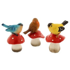 The Bridge Collection Set of 3 Bird Figurines on Mushrooms-Unique Cottage and Woodland Themed Garden Decor