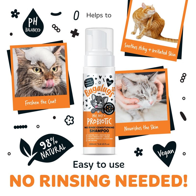 Bugalugs No Rinse Cat Shampoo for Itchy Skin with Prebiotics,