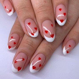 Short Press on Nails Almond Fake Nails White French Tip False Nails with Red Heart Design Glue on Nails Glossy Full Cover Stick on Nails Valentine's Day Acrylic Nails for Women Manicure 24Pcs