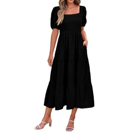 PRETTYGARDEN Women Summer Dresses 2025 Casual Puff Sleeve Square Neck Smocked Loose Fit Solid Color Wedding Prom Dress(Black,Small)