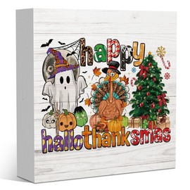 Happy Hallothanksmas Wood Decor Fall Halloween Thanksgiving Christmas Ghost Turkey Decorations Gifts for Women Men Harvest Autumn Decorations Sign for Home Farmhouse Office Desk Shelf 5 x 5 Inches