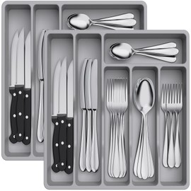 Lifewit Set of 2 Cutlery Trays for Drawers, Cutlery Organiser, Drawer Organiser, Kitchen Compact Cutlery Tray, Utensil Holder for Drawer, Made of Plastic, for Spoons, Forks, 6 Compartments, Grey