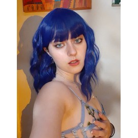 LABEAUTÉ Blue Wig Short Bob Wavy Wig with Air Bangs for Women, Heat Resistance Shoulder Length Curled Wigs for Daily Use, Cosplay and Theme Parties- 14inch, Royal Blue
