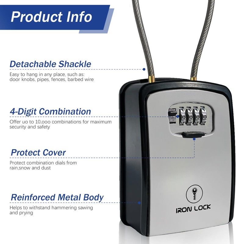 Iron Lock® Key Lock Box Portable with Cable Shackle &