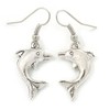 Cute Dolphin Drop Earrings/Silver Tone/ 40mm L