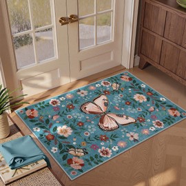 Lahome Blue Floral Rugs for Entryway, 2x3 Boho Butterfly Washable Kitchen Rug, Non Slip Thin Front Door Mat Indoor Entrance, Small Low Pile Throw Carpet for Drom Bedroom Bathroom