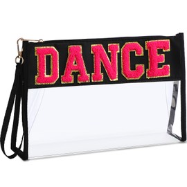 Remerry Clear Chenille Letter Makeup Bag Stand up Snack Bags Preppy Cosmetic Pouch Expandable Clear Travel with Wrist Strap Zipper Portable Multipurpose PVC Nylon for Women Travel(Black,Dance)