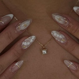 White French Tip Press on Nails Almond Medium Fack Nails Gold Curve Line False Nails with Stars Designs Elegant Acrylic Nails Glossy Glue on Nails for Women Girls 24Pcs