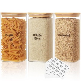 XOTAISM 3 Pcs Square Glass Pantry Storage Containers with Bamboo Airtight Lid and 248 Clear Pantry Labels Preprinted - 52oz Thicken Glass Food Storage Jars for Coffee, Cookie, Tea, Sugar, Spice