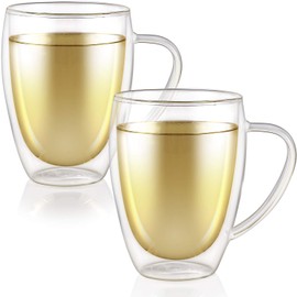 Teabloom Double Walled Mugs - 12 oz / 350 ml – Set of 2 Insulated Glass Mugs for Tea, Coffee, and More – Clear Bliss Collection