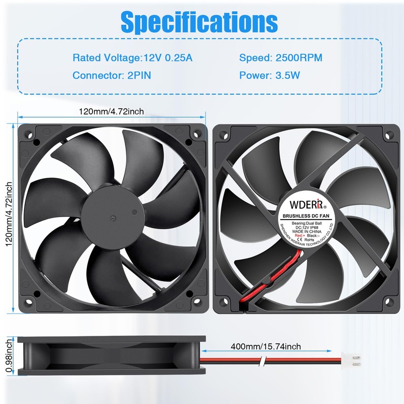 WDERAIR 120mm x 25mm DC High Performance 12V Waterproof Fan