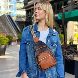 Relang Sling Bag for Women Crossbody, Leather Cross Body Fanny Packs for Women, Trendy Chest Bag for Travel and Daily Use, Brown Black, Small, Trendy