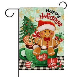 Dyreson Merry Christmas Joy Coffee Gingerbread Man Decorative Garden Flag, Xmas Happy Holiday Buffalo Plaid Check Yard Outside Decorations, Winter Farmhouse Outdoor Small Decor 12x18