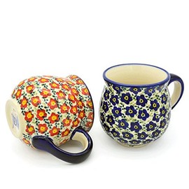 Bunzlauer Ball Mugs, Set of 2 Round Red Viola & Viola Blue Mugs for 280 ml Each