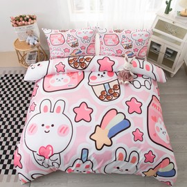 CVHOUSE Kawaii Bedding Set Twin Size,Cute Rabbit Bed for Girls Kids Teens,Pink Comforter Cover Soft,Kawaii Duvet Set,Girls Room Decor Quilt Twin 71'x87'