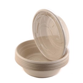 EcoQuality [2 Pack of 25] 24oz Round Disposable Bowls with Flat Lids Natural Sugarcane Bagasse Bamboo Fibers Sturdy Compostable Eco Friendly Environmental Paper Plastic Bowl Alternative Tree Free