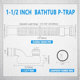 Cinsda Bathtub Shower Drain Pipe, Low Profile Flat 1 1/2 P Trap Kit Flexible Freestanding Tub Drain for Bath