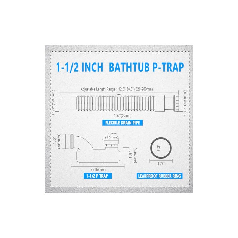 Cinsda Bathtub Shower Drain Pipe, Low Profile Flat 1 1/2