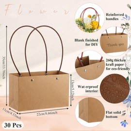 Gilprop 30 Packs Bouquet Bag Kraft Paper Flower Gift Bags with Handle Bouquet Bag Box with Waterproof Lining for Birthday Wedding Party Favors (13.8 x 8.7 x 5.1 x 4.3 Inch,Brown)