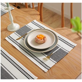 Placemats Set of 4 for Dining Table Décor, Woven Cloth Place Mats for Farmhouse Kitchen Tabletop, Handcrafted Machine Washable Cotton Table mats 13 x 19 Inch, Black and White