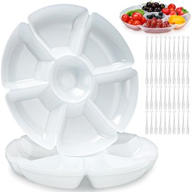 Zhehao 4 Pcs Sectional Round Plastic Serving Tray Platters Party Divided Tray with Disposable Fork, 10.6 Inch 7 Section Snack Platter Food Tray Nut Candy Veggie Fruit Dish Platter (Translucent Color)