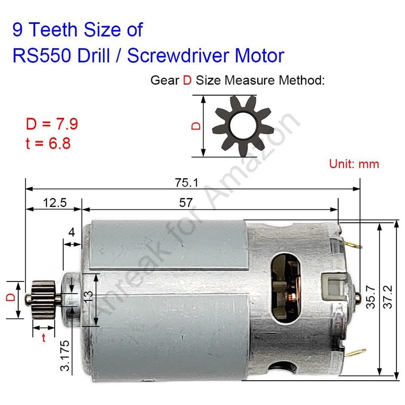 RS550 12V 9 Teeth (Φ7.9mm) Cordless Drill Motor, 9.6-25V 9-15