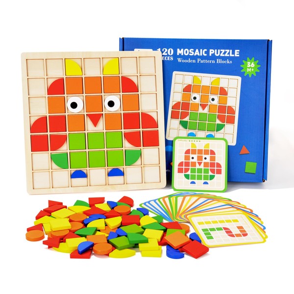 Skillssist Pattern Blocks Puzzle Wooden Montessori Tangram - Geometric Mosaic