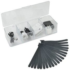 Electronics Organizer 4 Sections Clear Acrylic Cable Storage Bin Box Cord Holder with 20 PCS Reusable Fastening Fabric Cable Ties Straps Cord Wraps (4 Sections/With Cover)