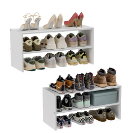 2 Pack White Shoe Rack for Closet, 2-Tier Expandable Small Shoe Shelf, Stackable Iron Wood Combination Shoe Organizer Racks Shelves for Closets, Entryway, Hallway, Garage, Holds 12-24 Pairs